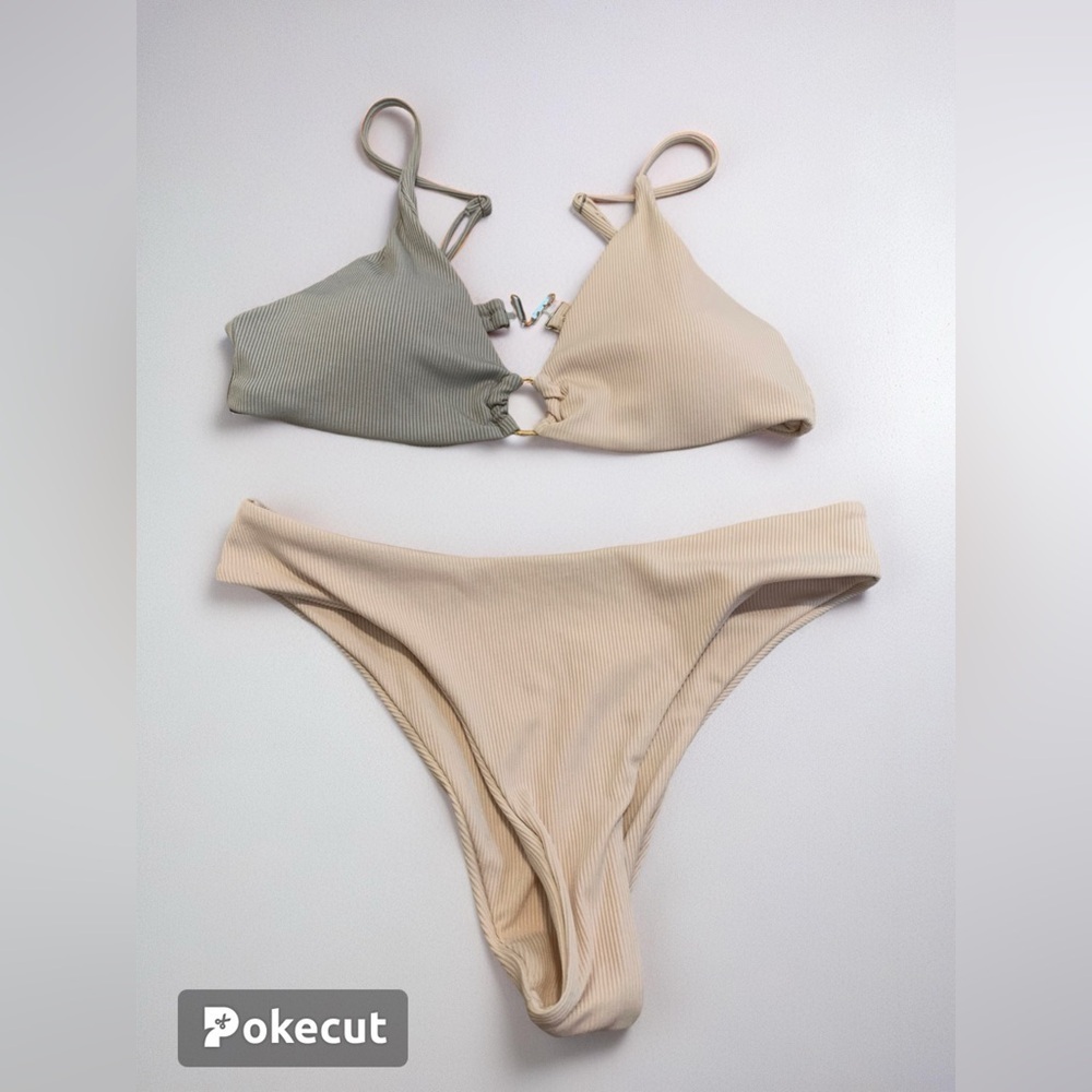 💜 Zaful Ribbed Color-Block Bikini Set with O-Ring Detail - Size Small